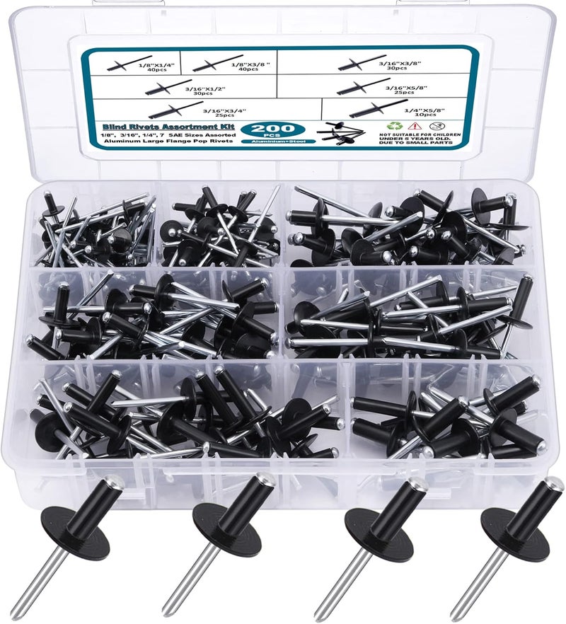 SATANTECH 200PCS Black Rivets Pop Rivets Assortment Kit, Large flange Aluminum Rivets(1/8" 3/16" 1/4") Assorted Blind Rivets with Case - Image 1